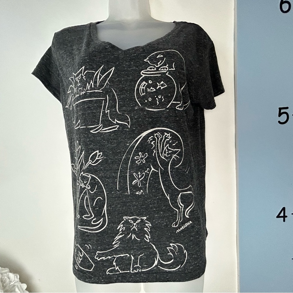 Marushka Gray Heathered Cat Antics‎ T-shirt Small - Picture 2 of 10